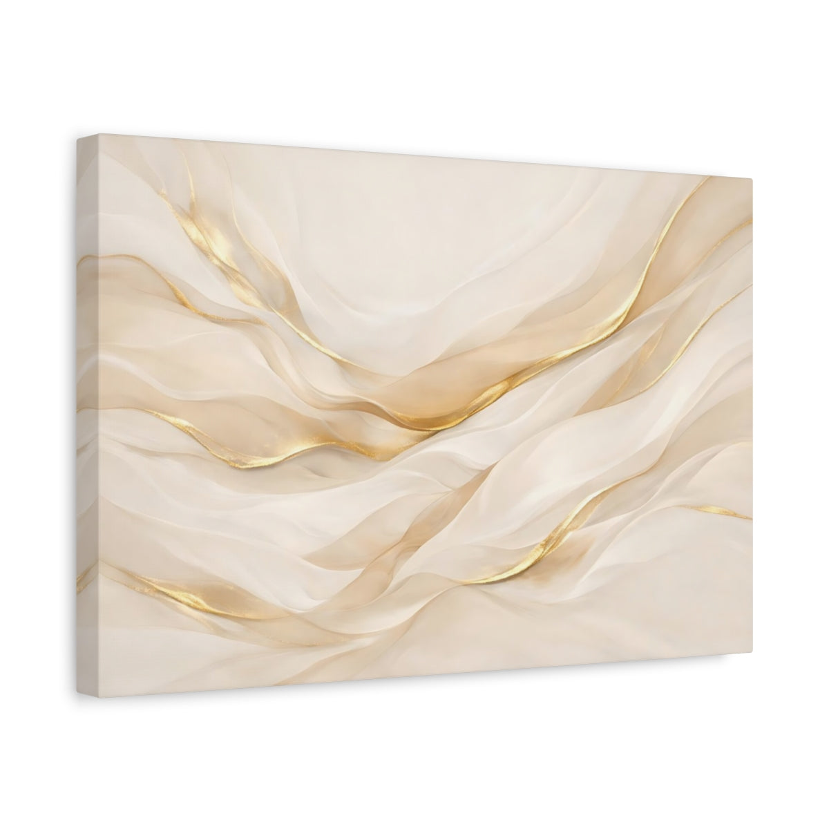 Side Mockup 4. Abstract Abstract Waves Gold And Cream shown as stretched canvas wall art