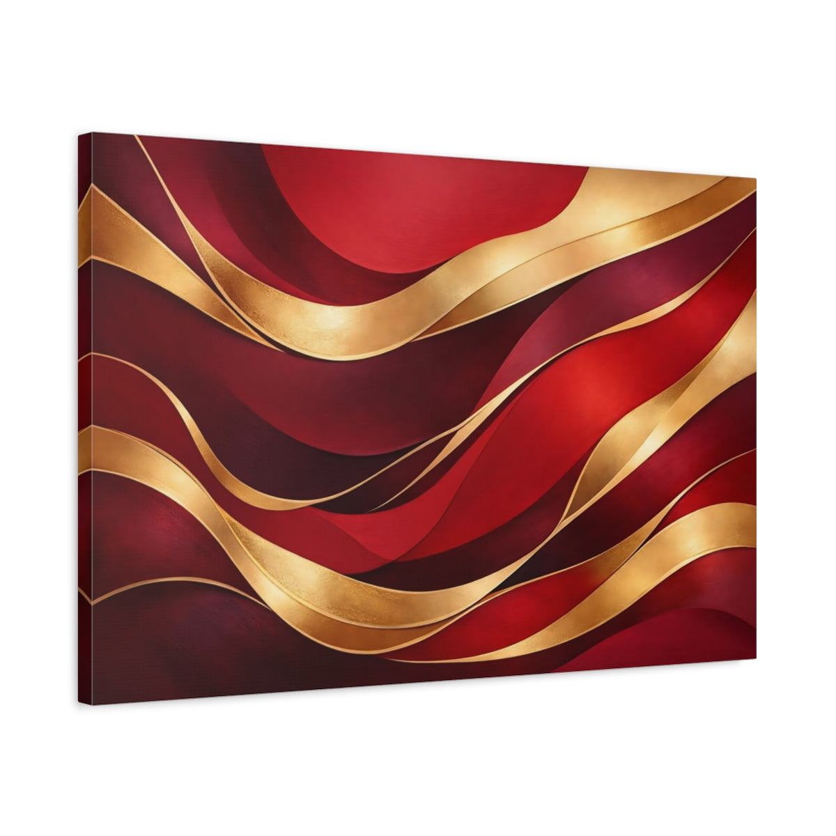 Side Mockup 2. Abstract Abstract Waves Red Gold Abstract shown as stretched canvas wall art