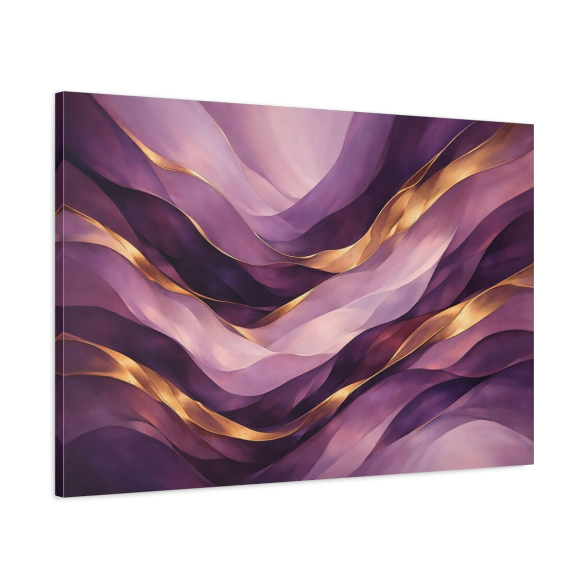 Side Mockup 1. Abstract Wavy Abstraction Purple And Gold shown as stretched canvas wall art