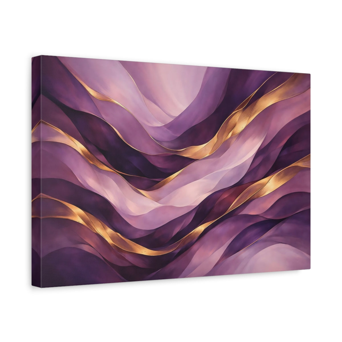 Side Mockup 4. Abstract Wavy Abstraction Purple And Gold shown as stretched canvas wall art