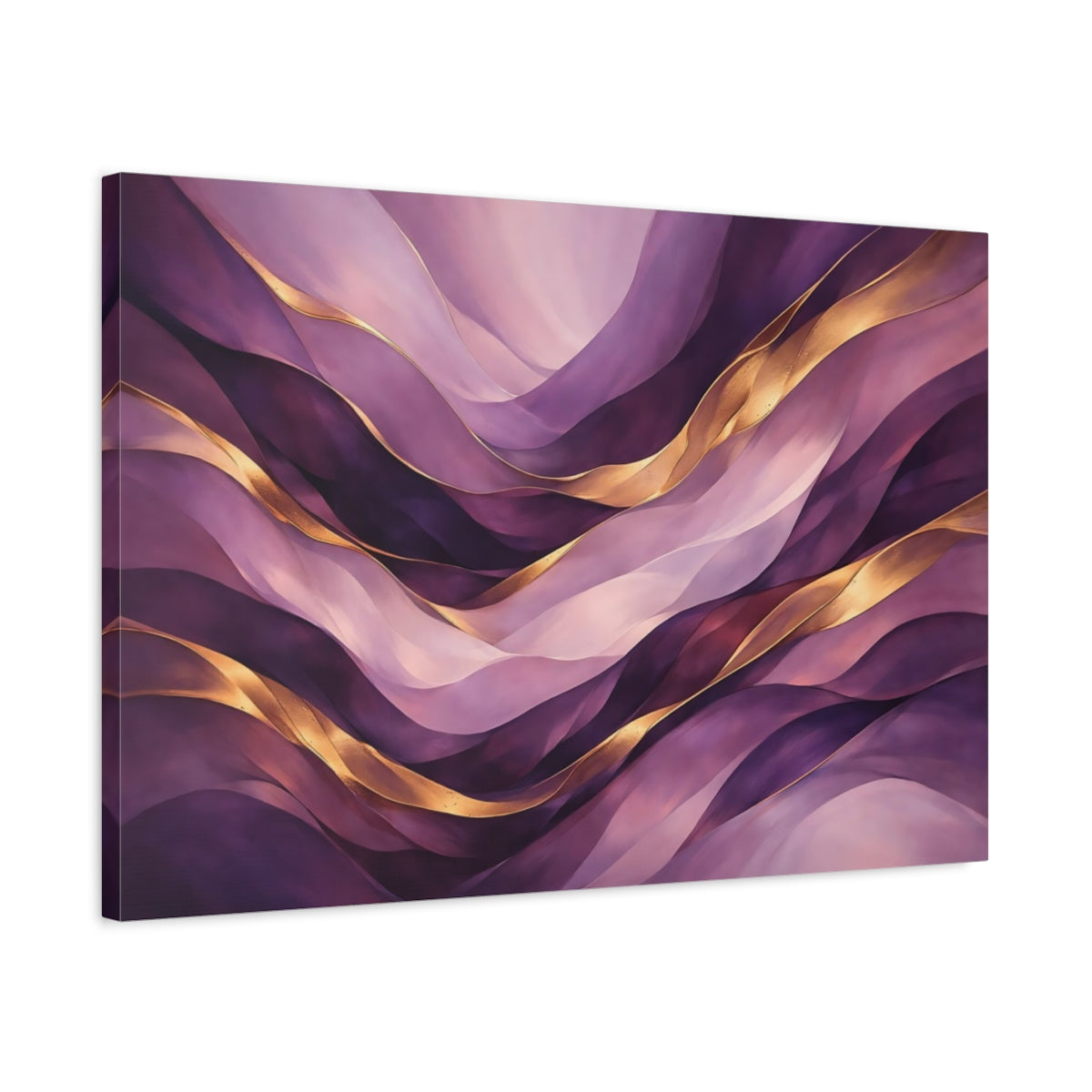 Side Mockup 2. Abstract Wavy Abstraction Purple And Gold shown as stretched canvas wall art