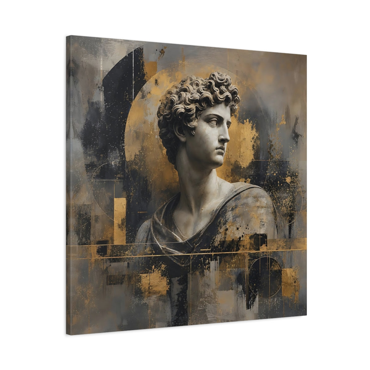 Main Mockup. Abstract Male Bust Gold And Gray shown as stretched canvas wall art