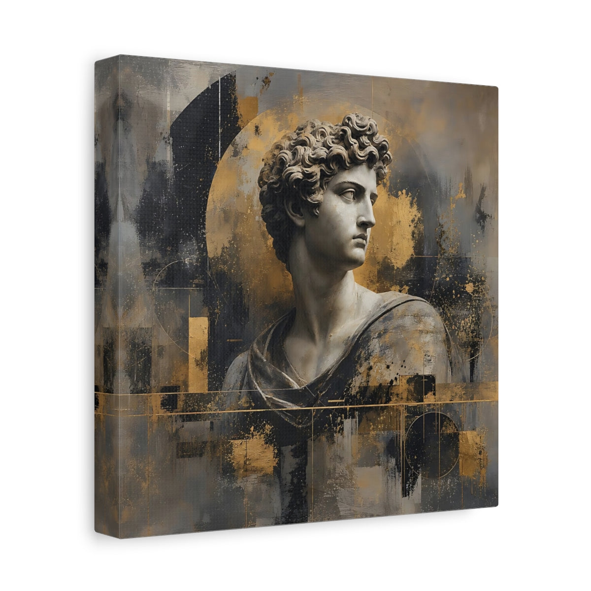 Side Mockup 9. Abstract Male Bust Gold And Gray shown as stretched canvas wall art
