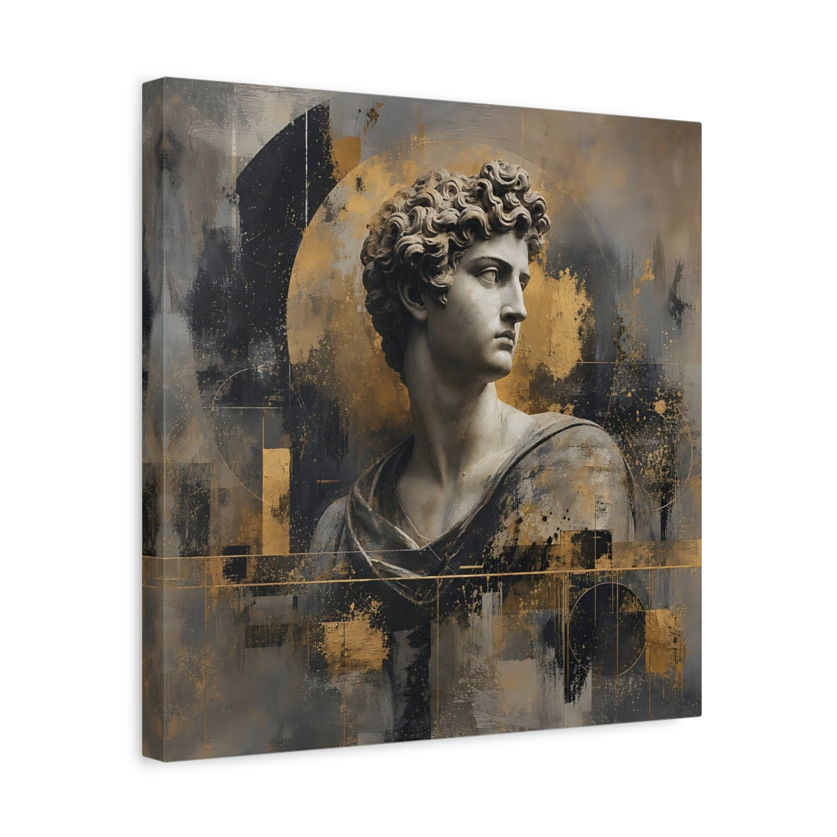 Side Mockup 6. Abstract Male Bust Gold And Gray shown as stretched canvas wall art