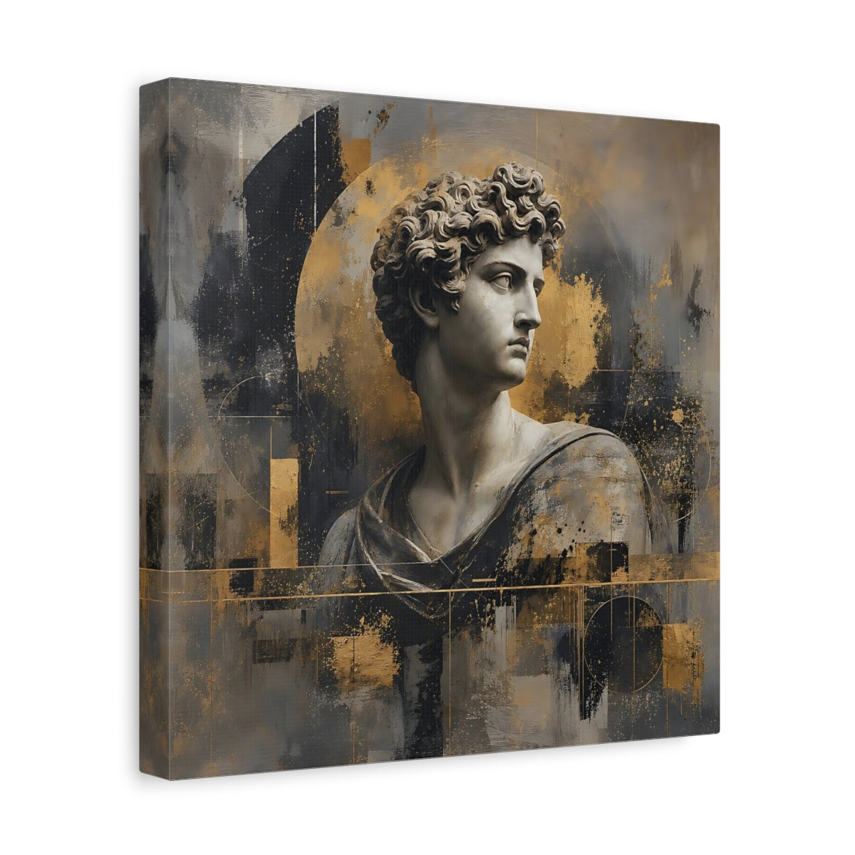 Side Mockup 8. Abstract Male Bust Gold And Gray shown as stretched canvas wall art