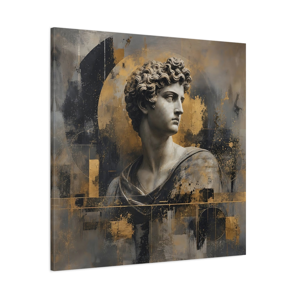 Side Mockup 1. Abstract Male Bust Gold And Gray shown as stretched canvas wall art