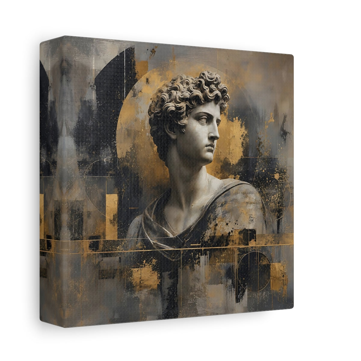 Side Mockup 2. Abstract Male Bust Gold And Gray shown as stretched canvas wall art