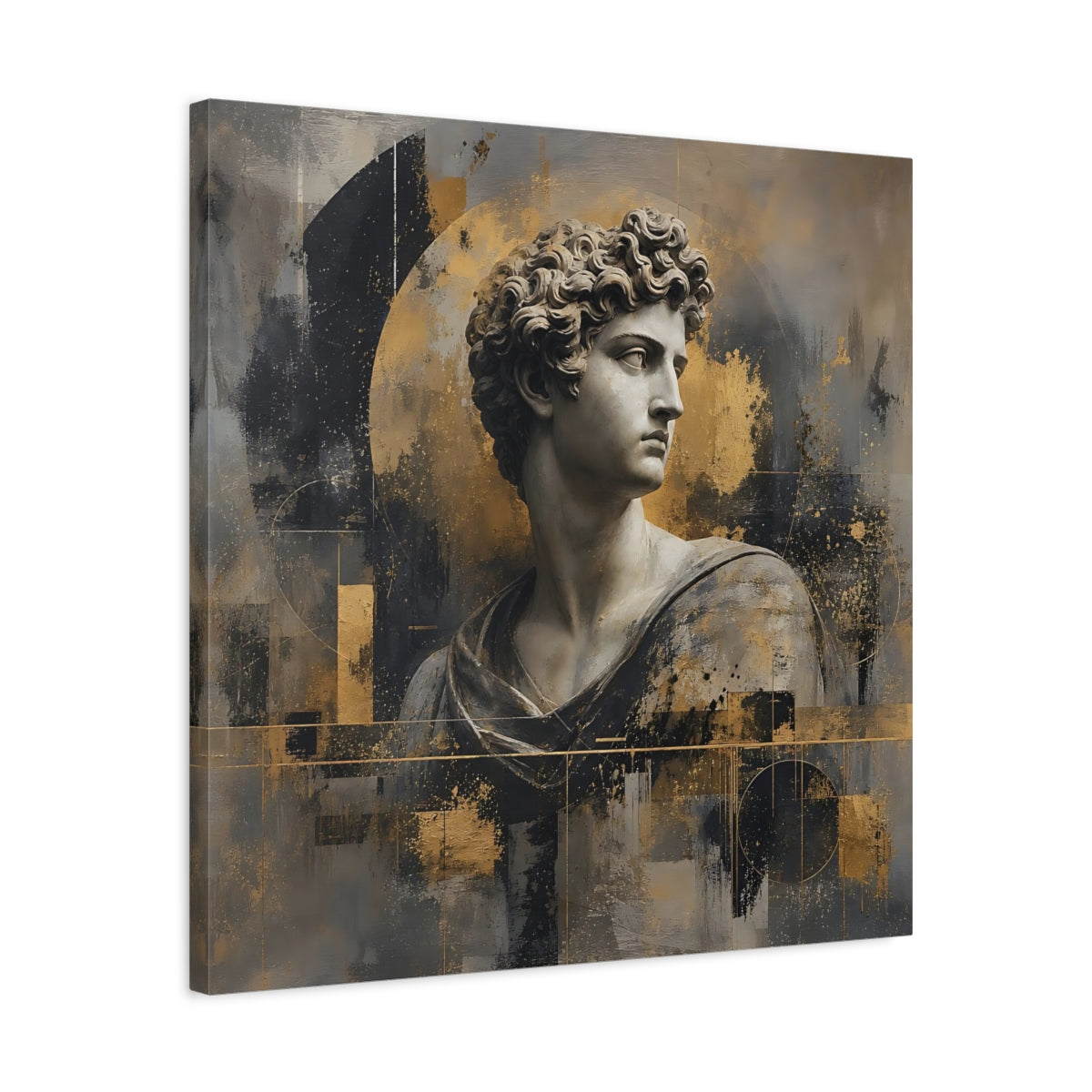 Side Mockup 4. Abstract Male Bust Gold And Gray shown as stretched canvas wall art