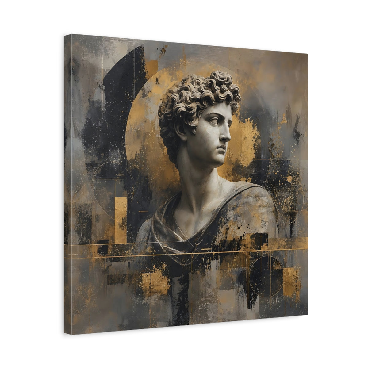 Side Mockup 5. Abstract Male Bust Gold And Gray shown as stretched canvas wall art