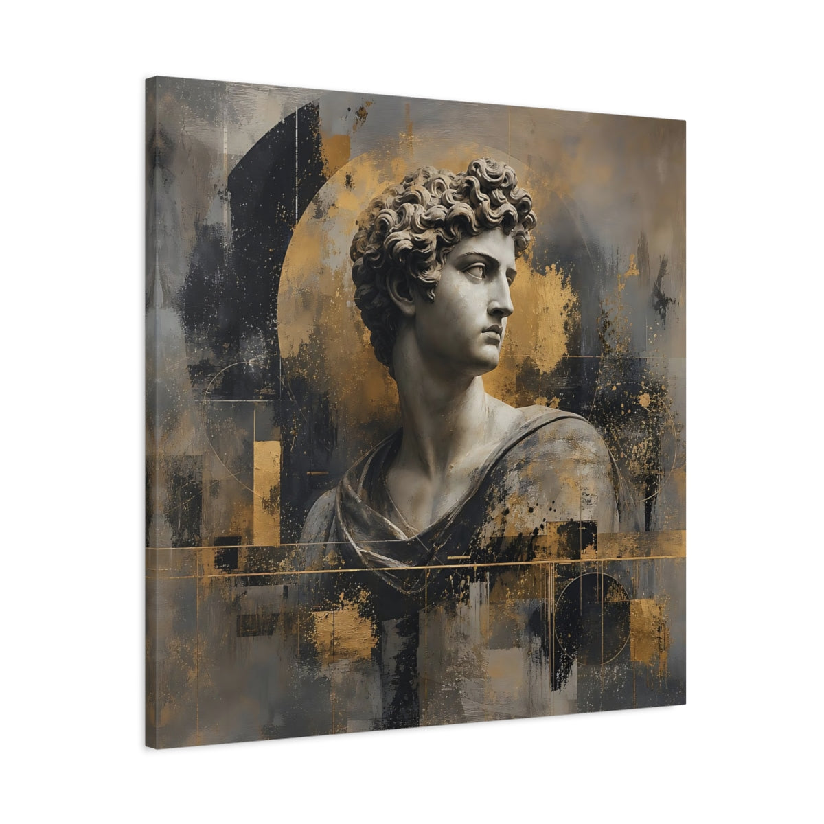 Side Mockup 3. Abstract Male Bust Gold And Gray shown as stretched canvas wall art
