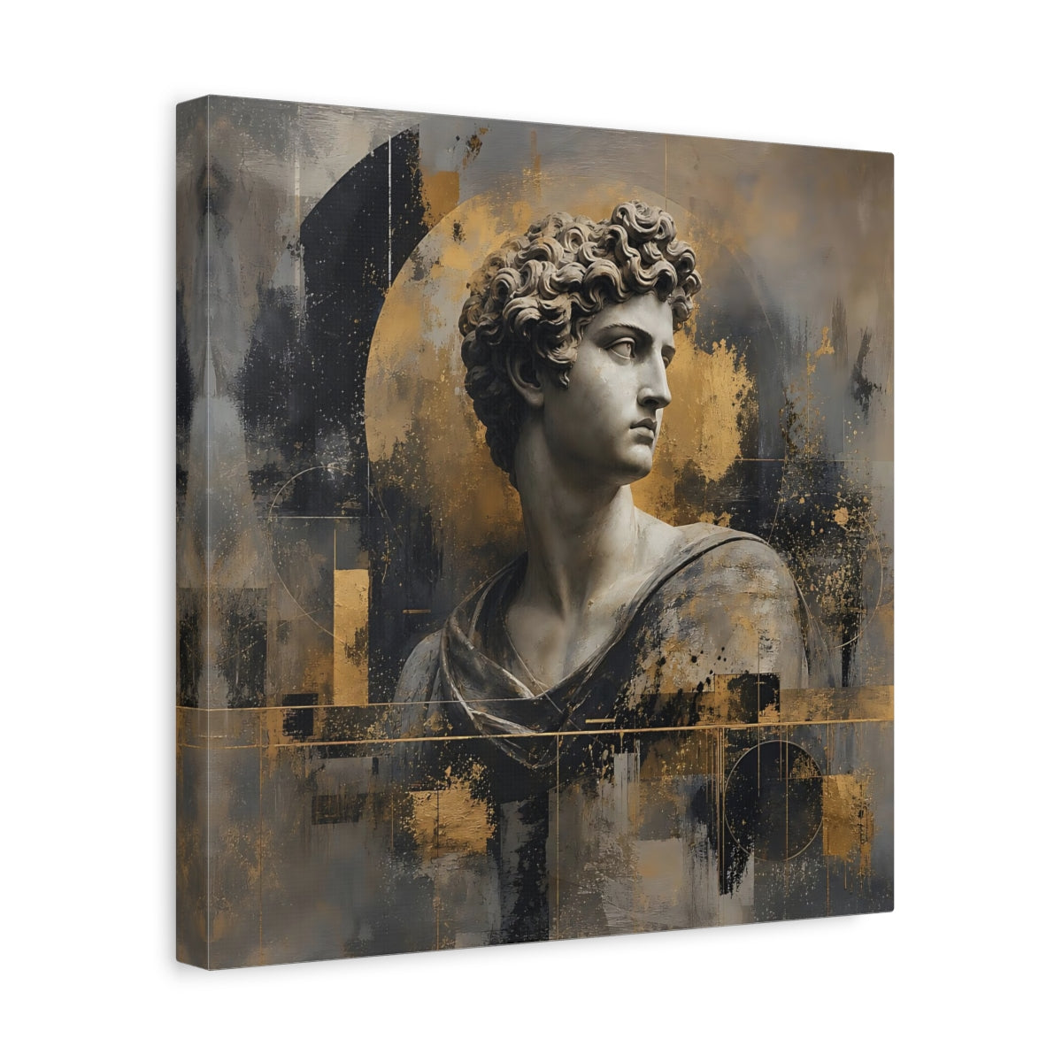 Side Mockup 7. Abstract Male Bust Gold And Gray shown as stretched canvas wall art