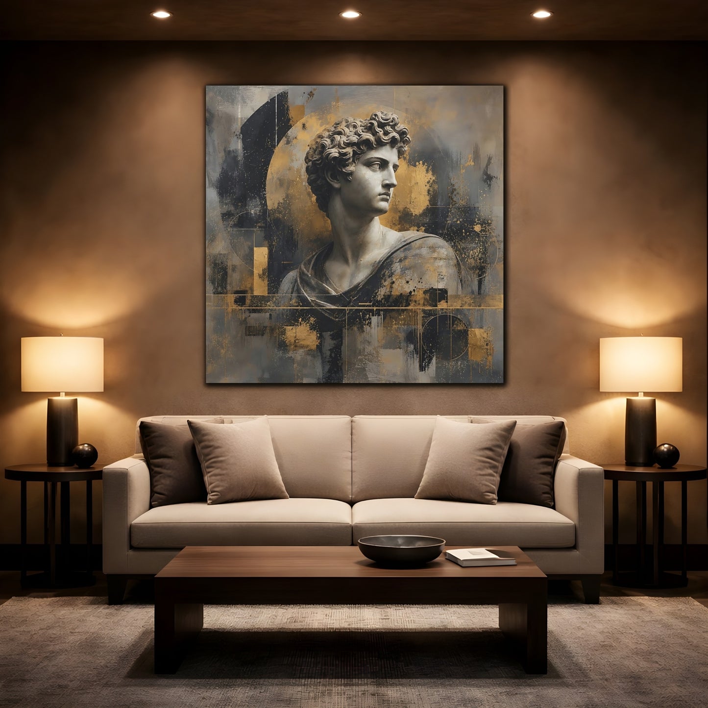 Mockup 2. Abstract Male Bust Gold And Gray shown as stretched canvas wall art