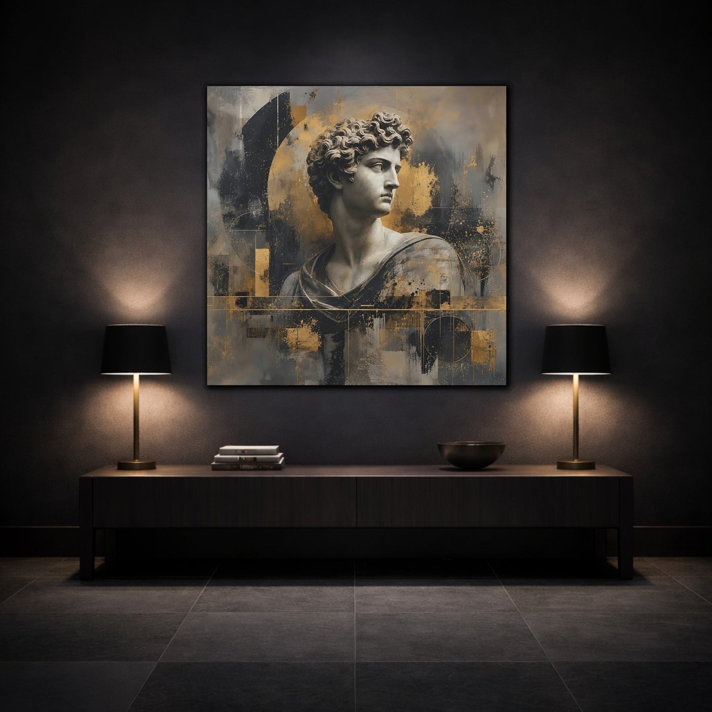 Mockup 3. Abstract Male Bust Gold And Gray shown as stretched canvas wall art