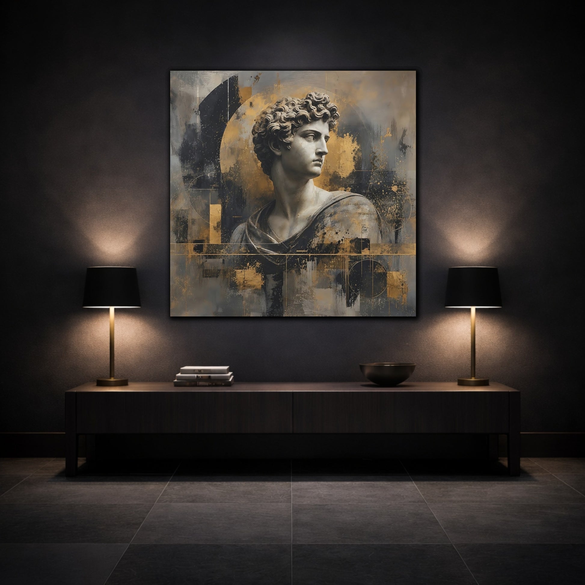 Mockup 3. Abstract Male Bust Gold And Gray shown as stretched canvas wall art