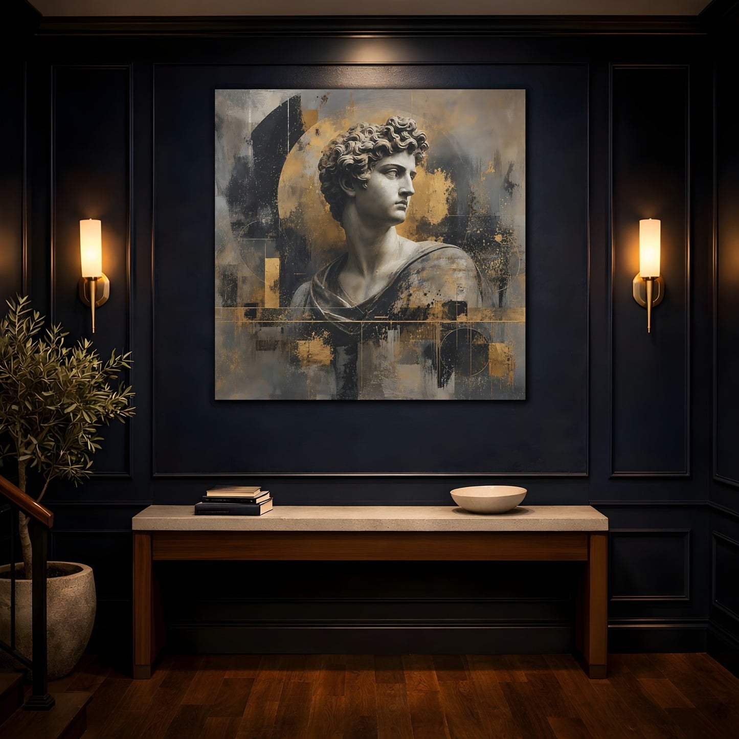 Mockup 4. Abstract Male Bust Gold And Gray shown as stretched canvas wall art