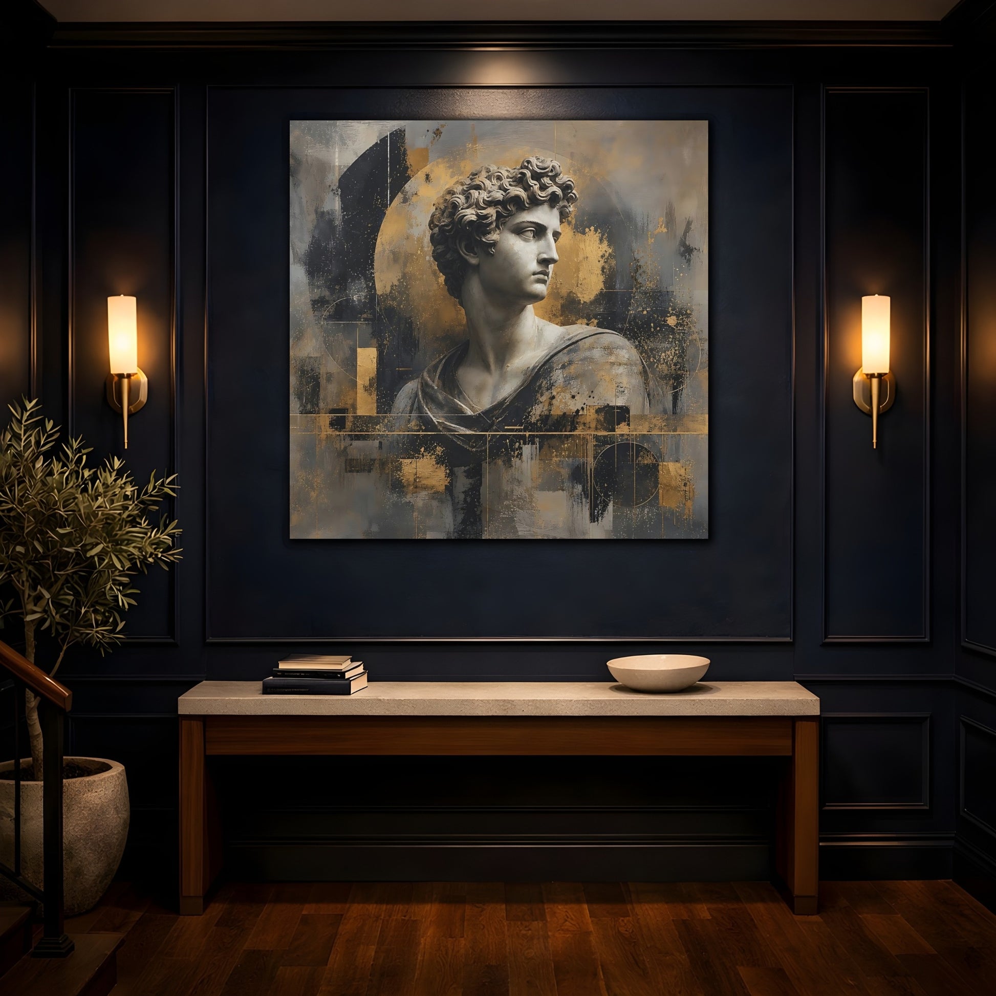 Mockup 4. Abstract Male Bust Gold And Gray shown as stretched canvas wall art