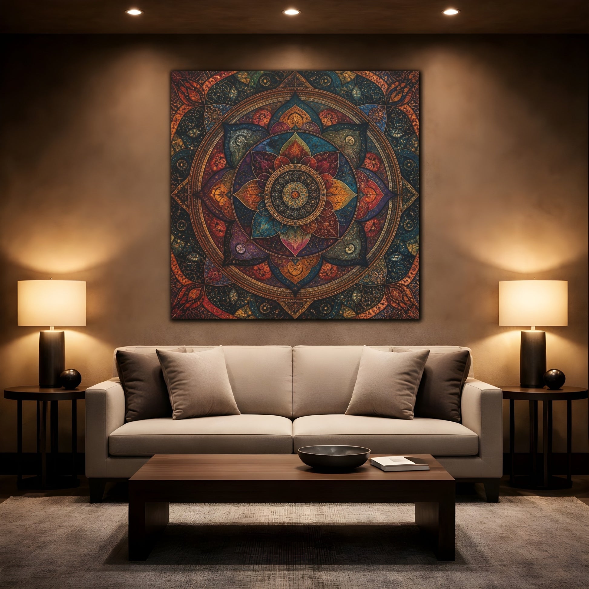 Mockup 2. Abstract Mandala Aura shown as canvas print