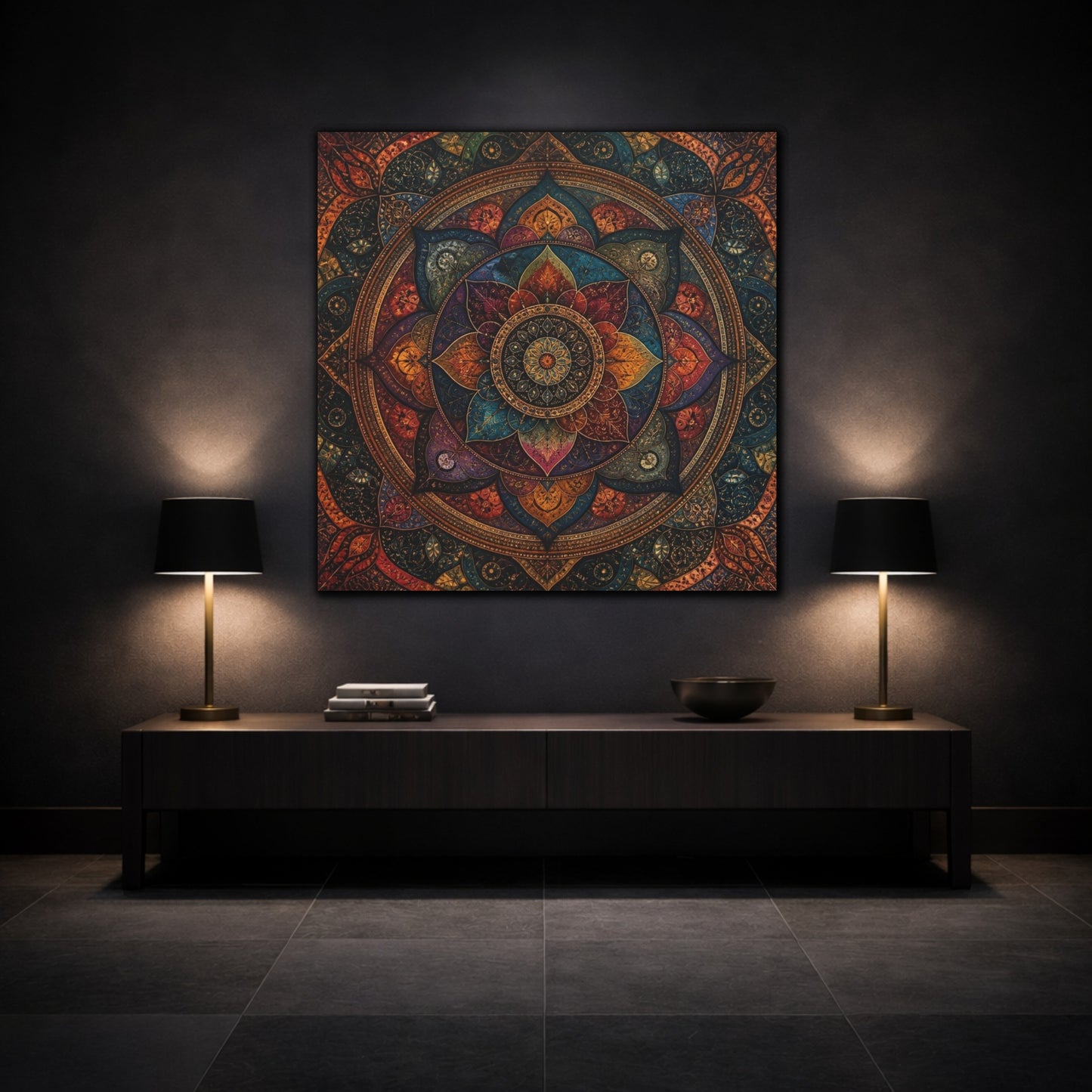 Mockup 3. Abstract Mandala Aura shown as canvas print