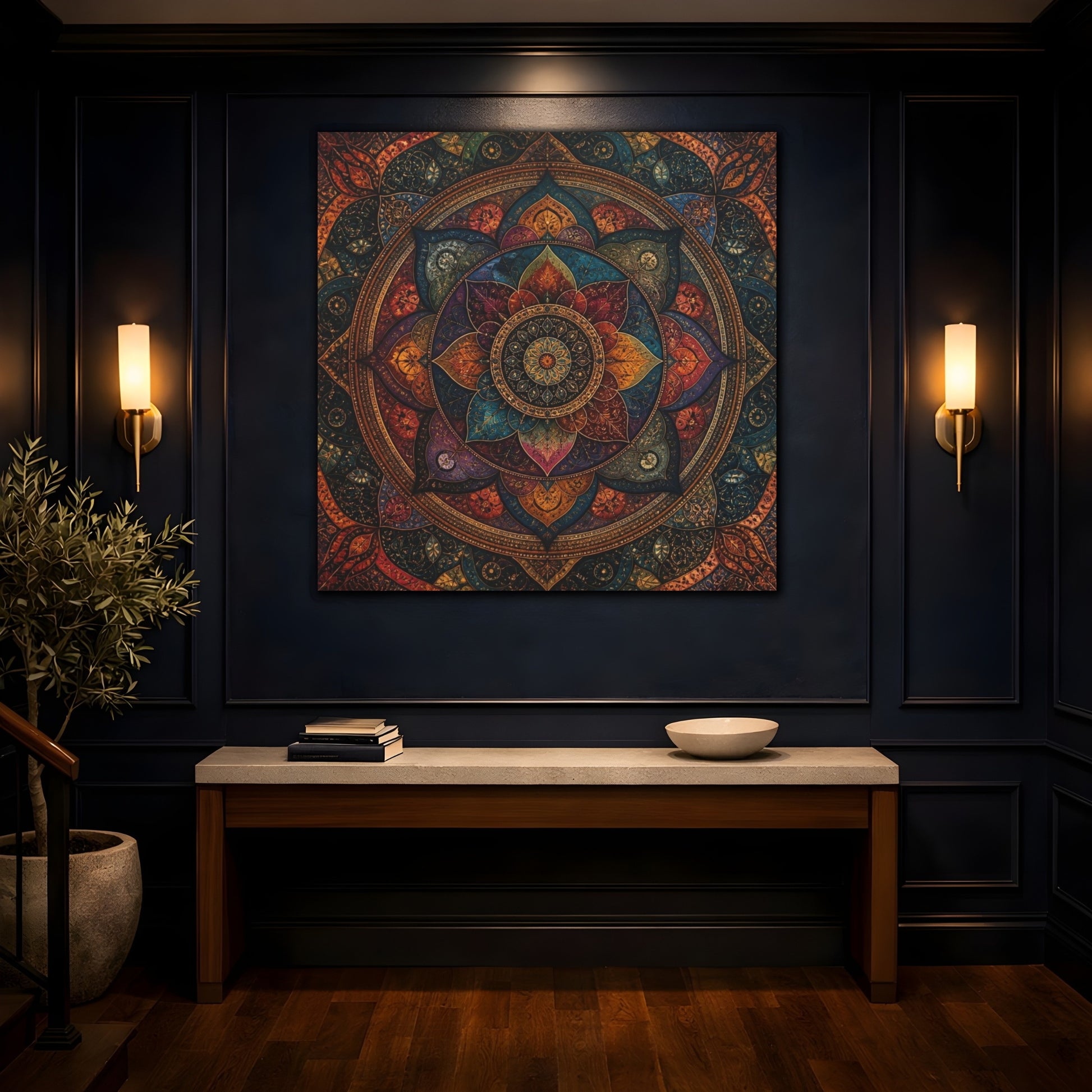 Mockup 4. Abstract Mandala Aura shown as canvas print