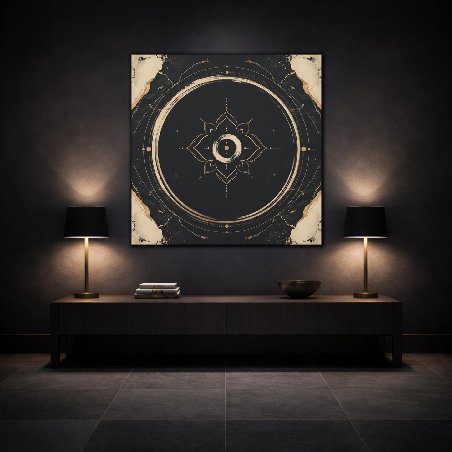 Abstract Mandala Black And Gold Canvas Print Wall Art – modern Living Room, Above Couch - YesArtYes