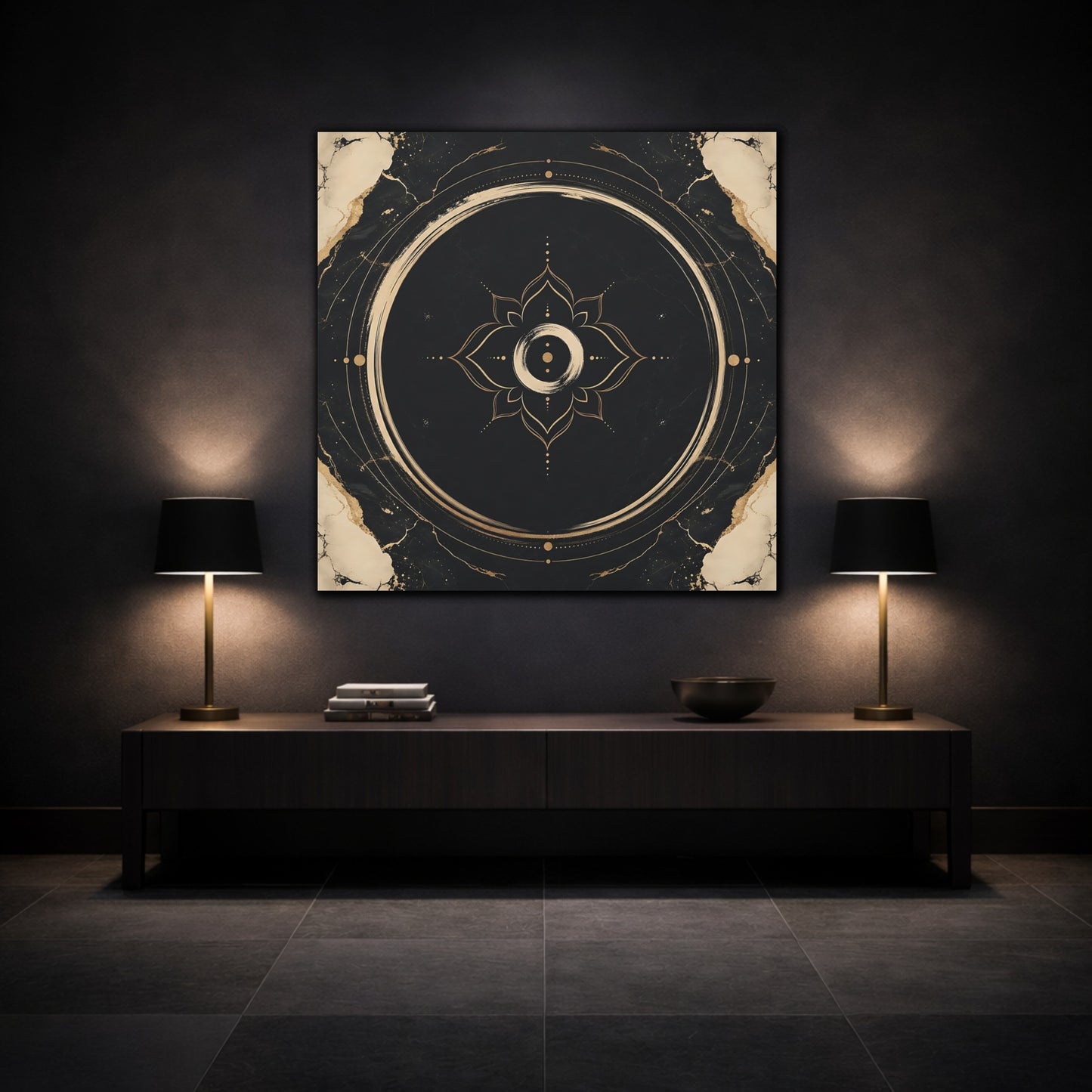 Mockup 3. Abstract Mandala Black And Gold shown as canvas print