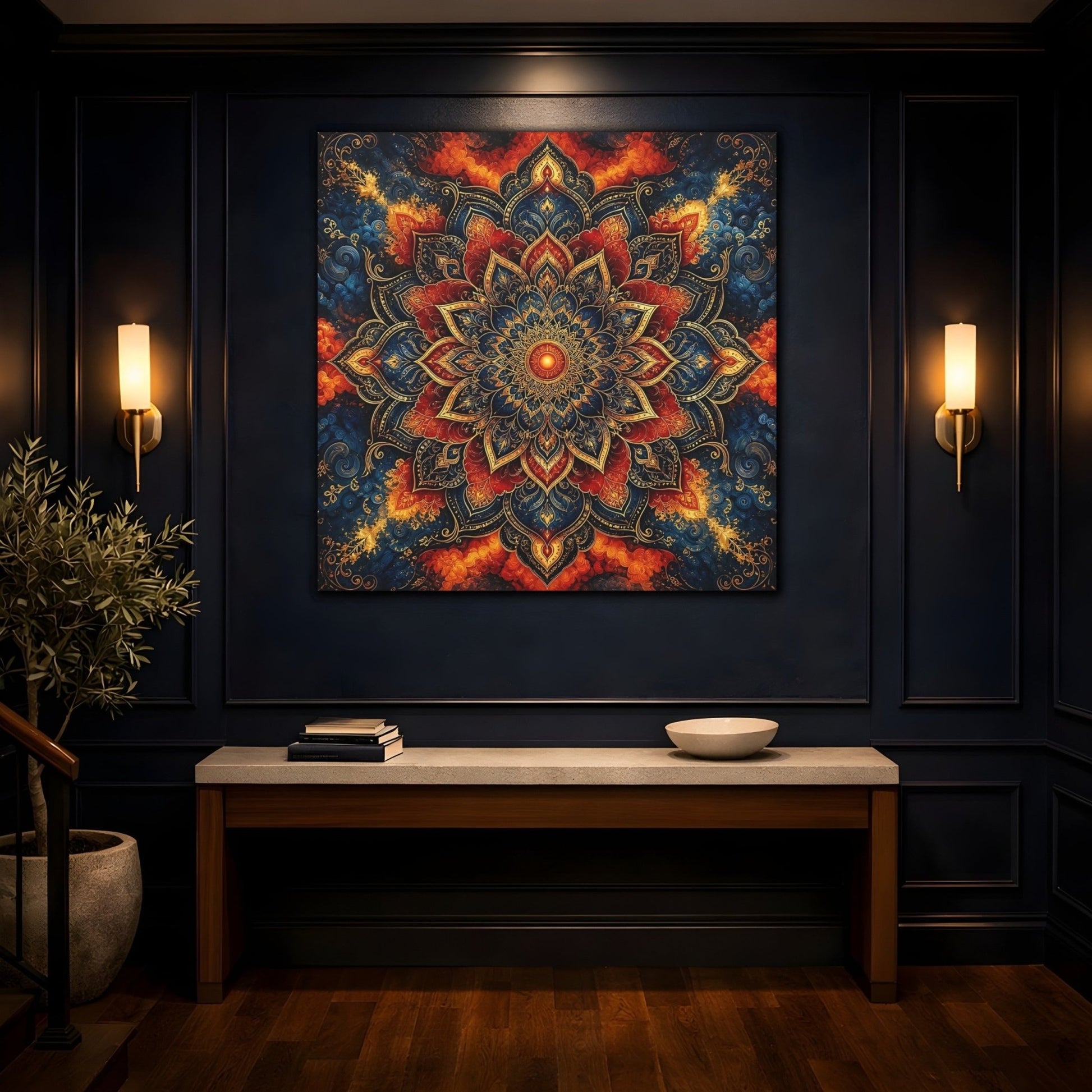 Abstract Mandala Blue Red Canvas Print – Living Room, Above Couch - YesArtYes