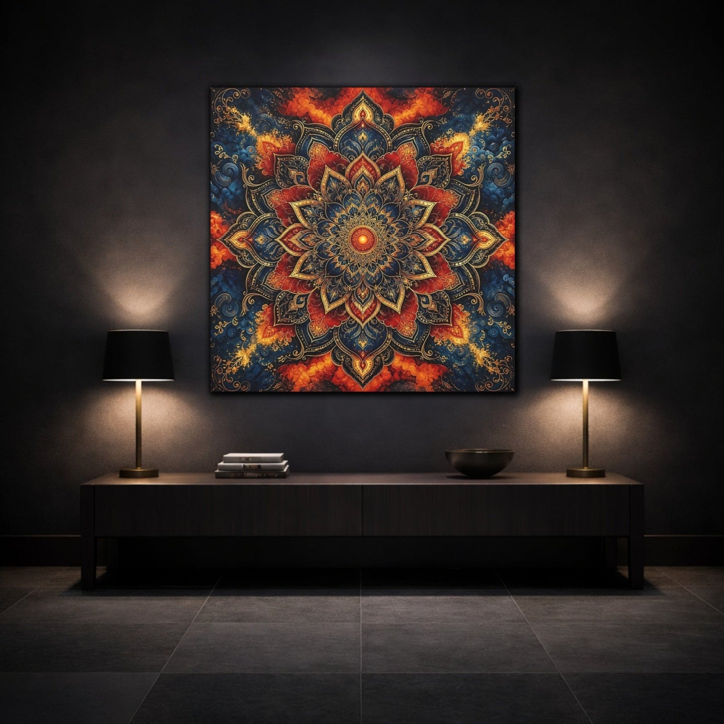 Abstract Mandala Blue Red Canvas Print – Living Room, Above Couch - YesArtYes