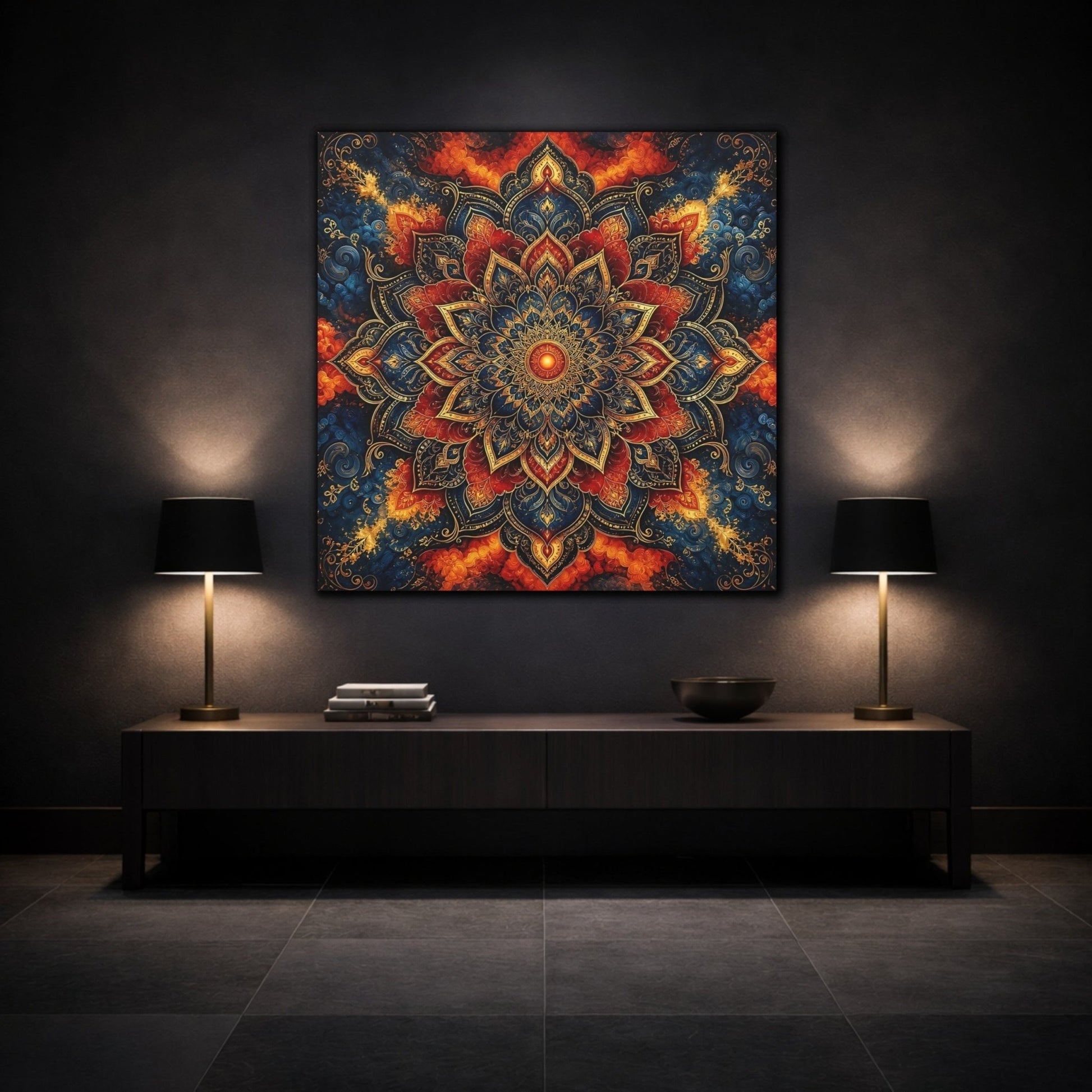 Abstract Mandala Blue Red Canvas Print – Living Room, Above Couch - YesArtYes