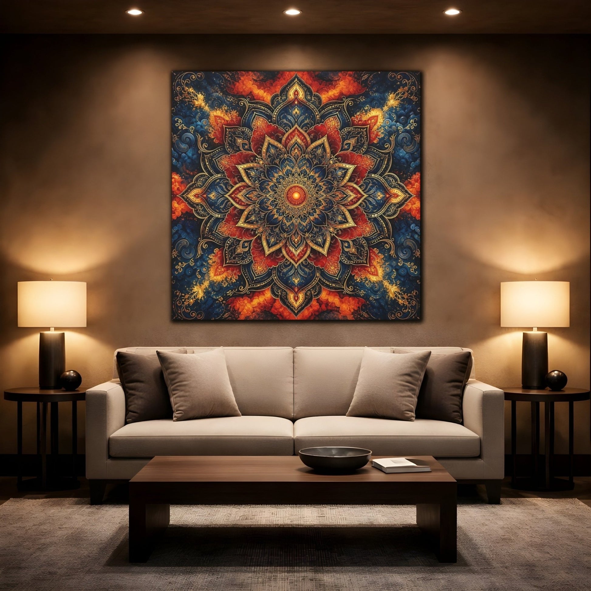 Abstract Mandala Blue Red Canvas Print – Living Room, Above Couch - YesArtYes