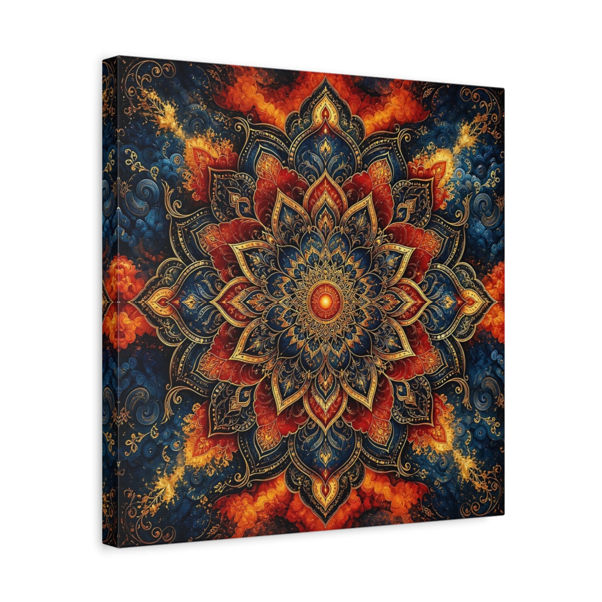 Side Mockup 6. Abstract Mandala Blue Red Mandala shown as canvas print