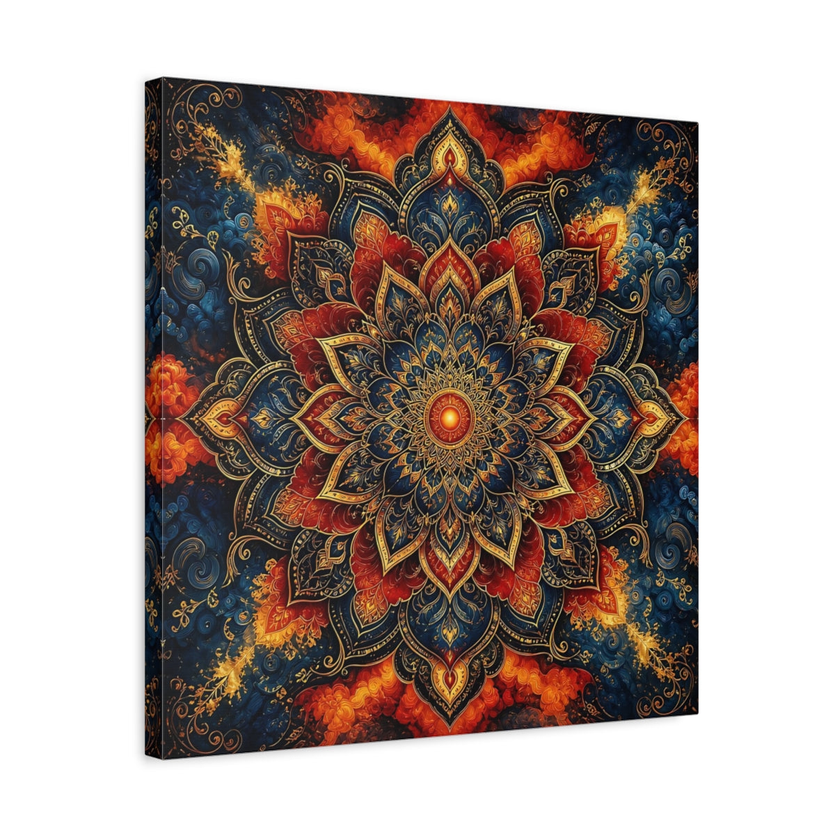 Side Mockup 5. Abstract Mandala Blue Red Mandala shown as canvas print