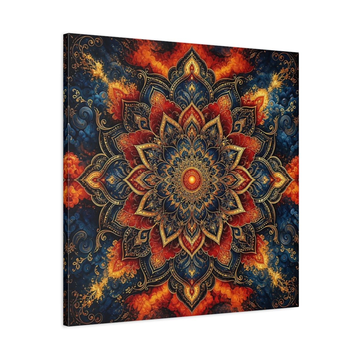 Side Mockup 3. Abstract Mandala Blue Red Mandala shown as canvas print