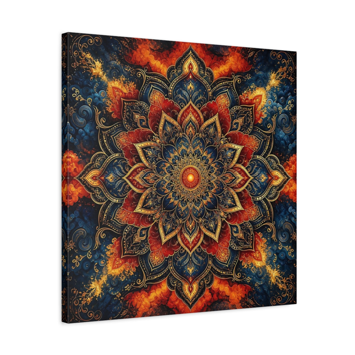 Side Mockup 4. Abstract Mandala Blue Red Mandala shown as canvas print