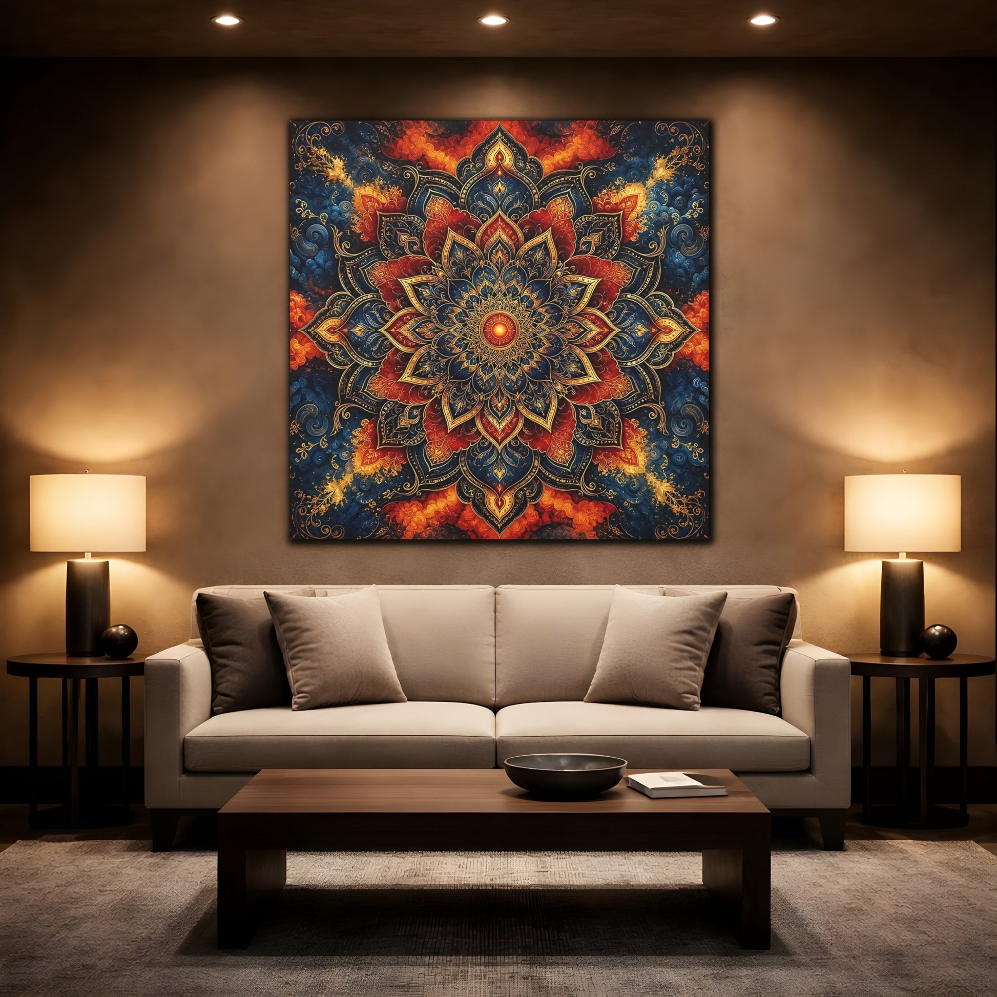 Mockup 2. Abstract Mandala Blue Red Mandala shown as canvas print