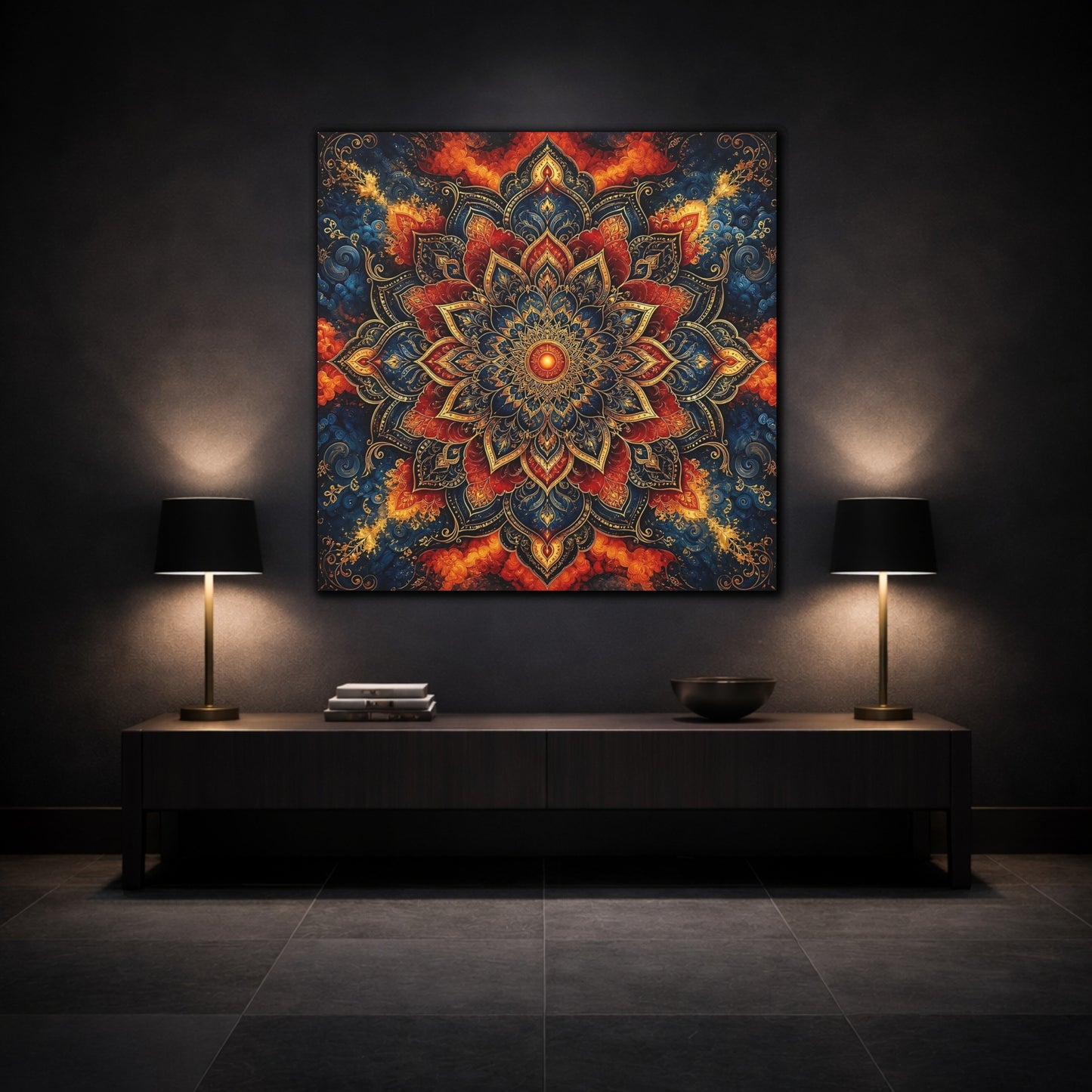 Mockup 3. Abstract Mandala Blue Red Mandala shown as canvas print