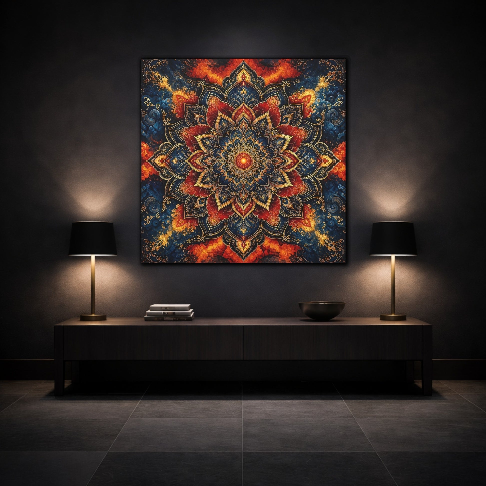 Mockup 3. Abstract Mandala Blue Red Mandala shown as canvas print