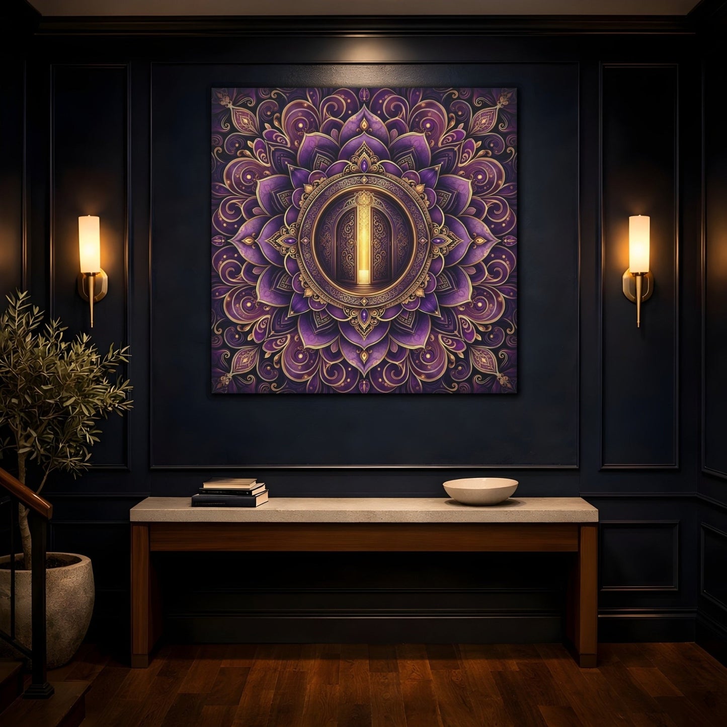 Abstract Mandala Door Purple Gold Canvas Print Wall Art – Ornate Living Room, Above Console Table - YesArtYes