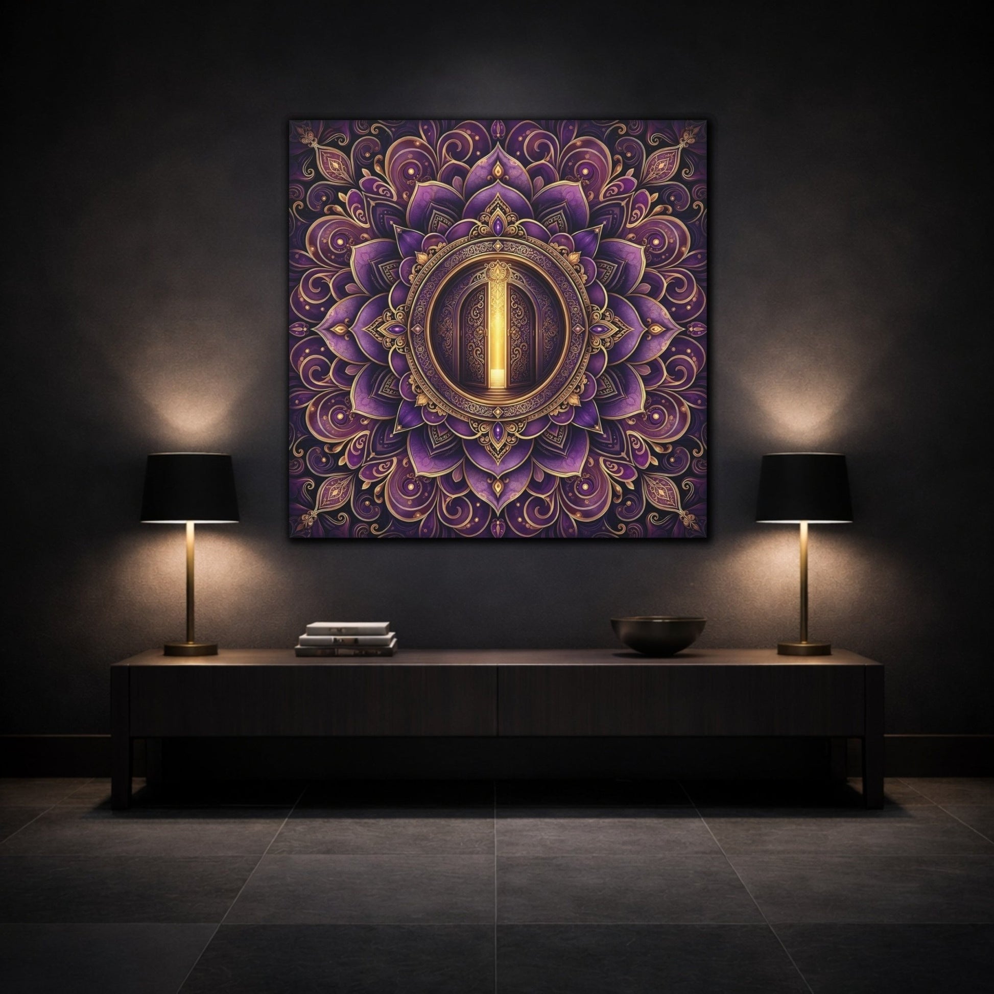 Abstract Mandala Door Purple Gold Canvas Print Wall Art – Ornate Living Room, Above Console Table - YesArtYes