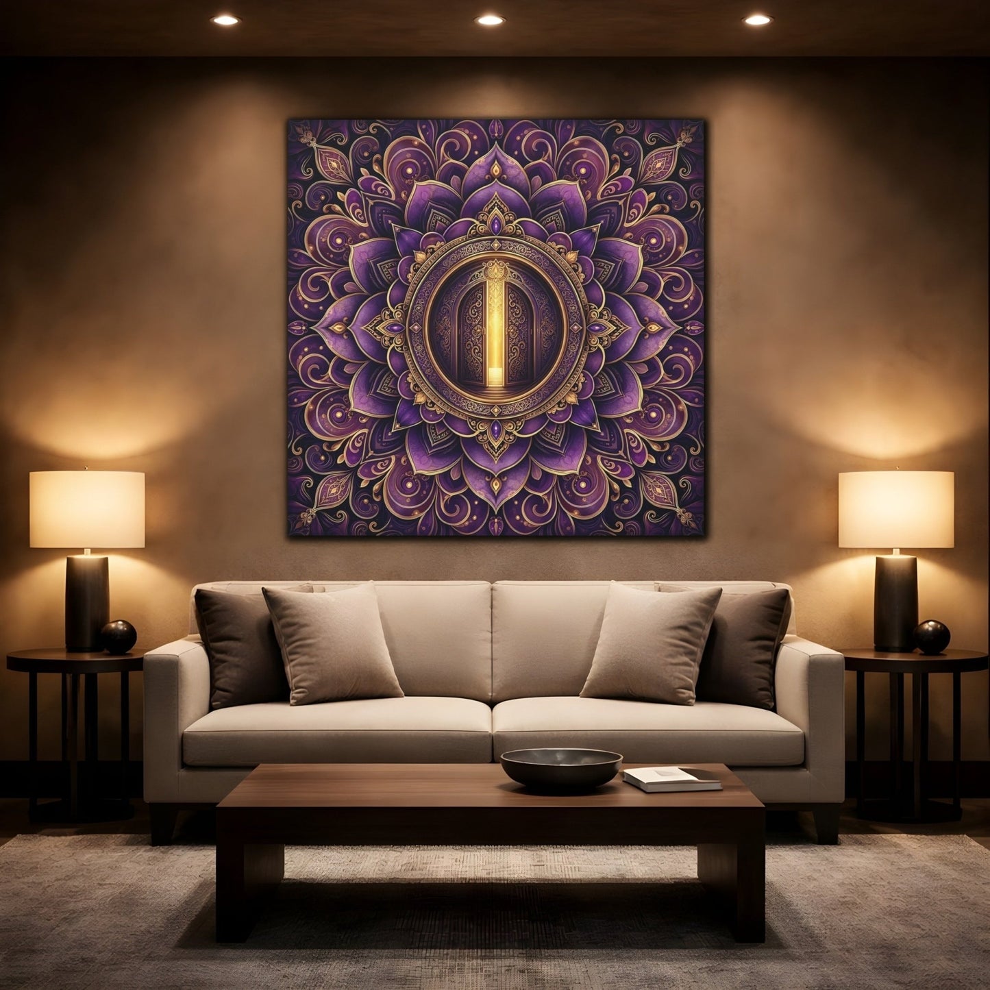 Abstract Mandala Door Purple Gold Canvas Print Wall Art – Ornate Living Room, Above Console Table - YesArtYes