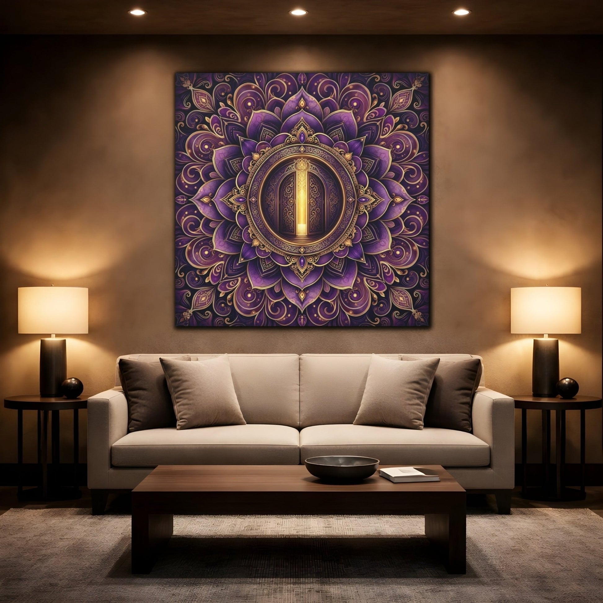 Abstract Mandala Door Purple Gold Canvas Print Wall Art – Ornate Living Room, Above Console Table - YesArtYes