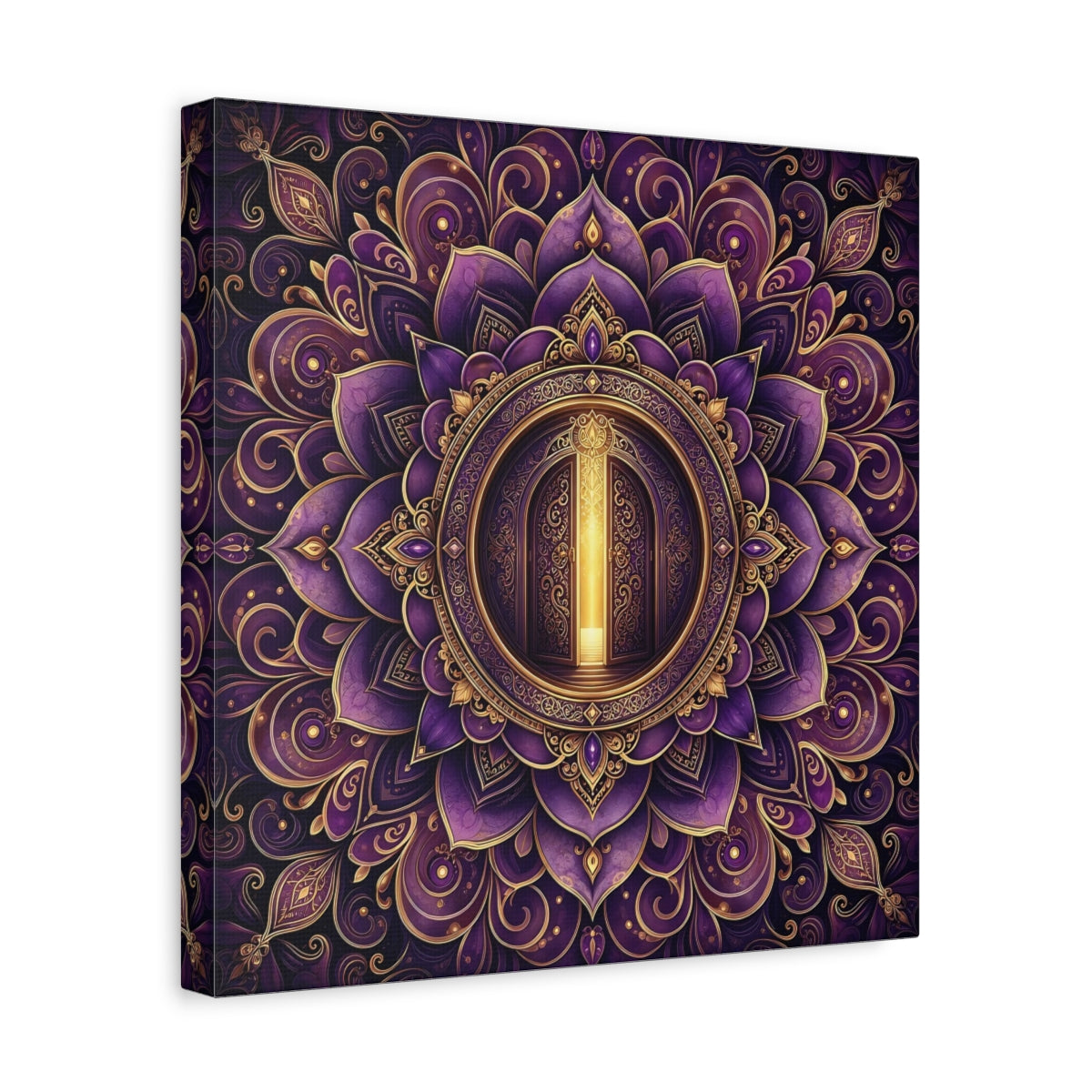 Side Mockup 7. Abstract Mandala Door Purple Gold Mandala shown as canvas print