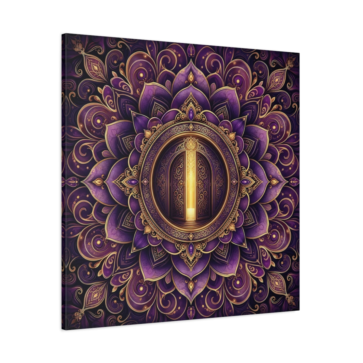 Side Mockup 1. Abstract Mandala Door Purple Gold Mandala shown as canvas print