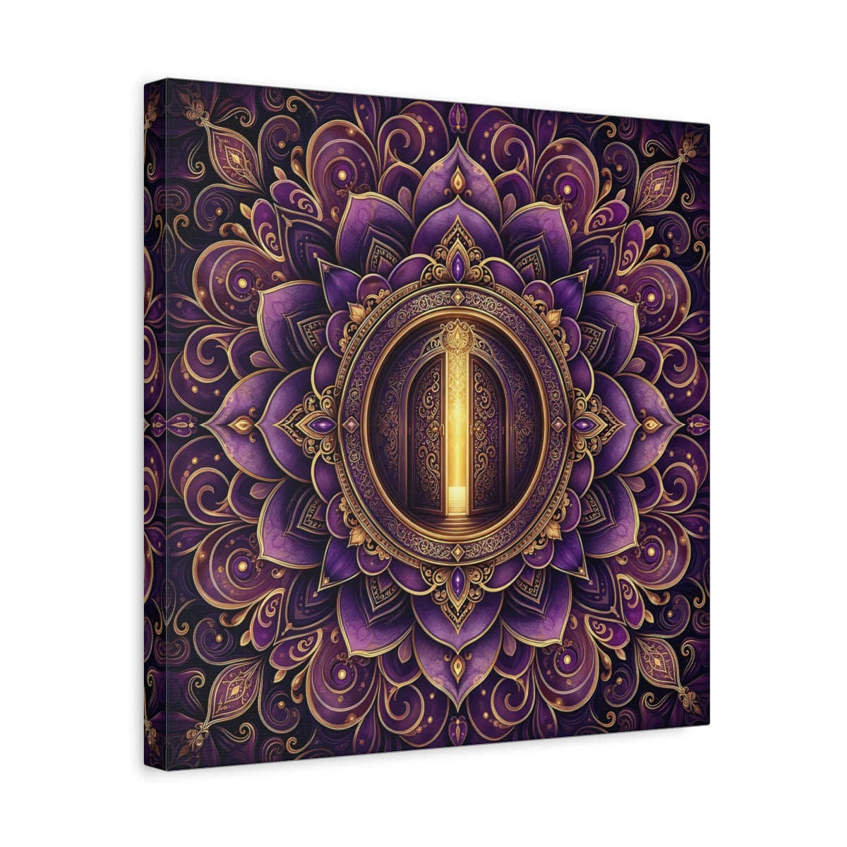 Side Mockup 6. Abstract Mandala Door Purple Gold Mandala shown as canvas print