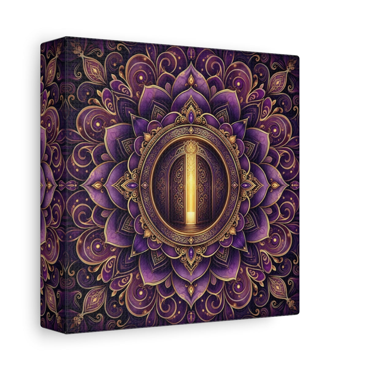 Side Mockup 2. Abstract Mandala Door Purple Gold Mandala shown as canvas print