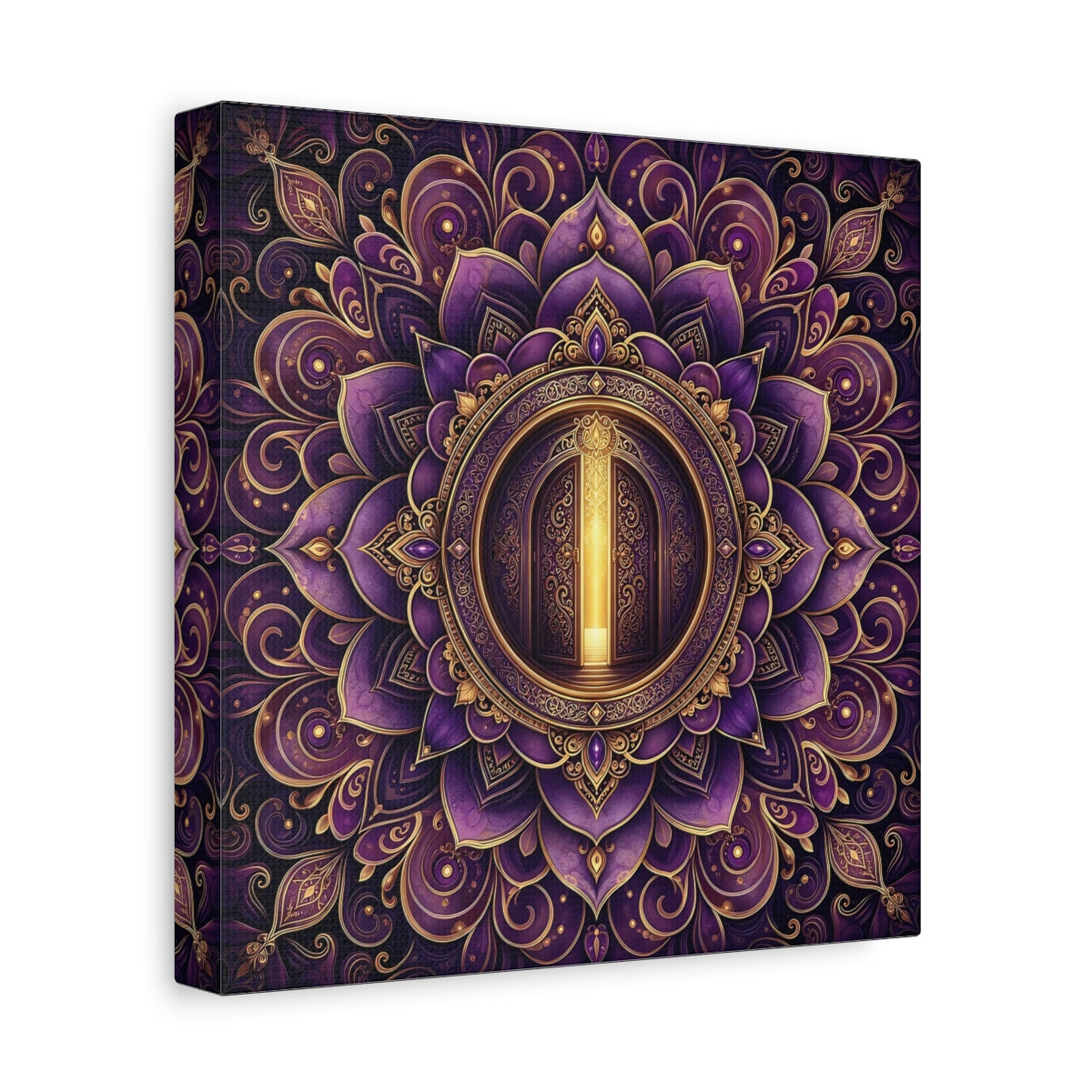 Side Mockup 9. Abstract Mandala Door Purple Gold Mandala shown as canvas print