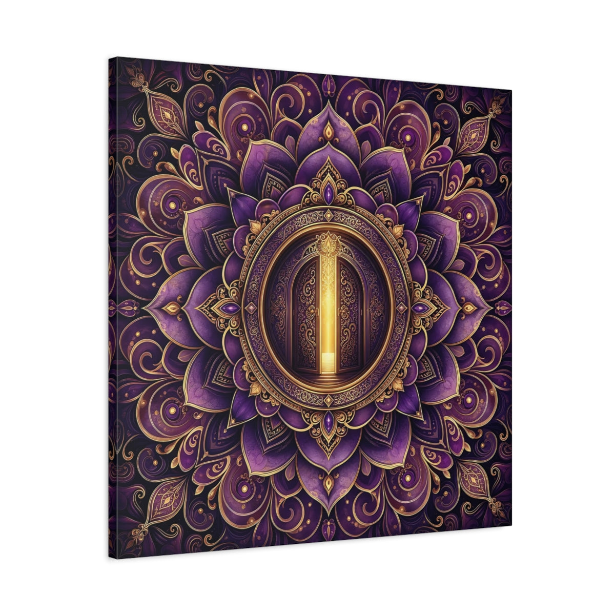 Side Mockup 3. Abstract Mandala Door Purple Gold Mandala shown as canvas print