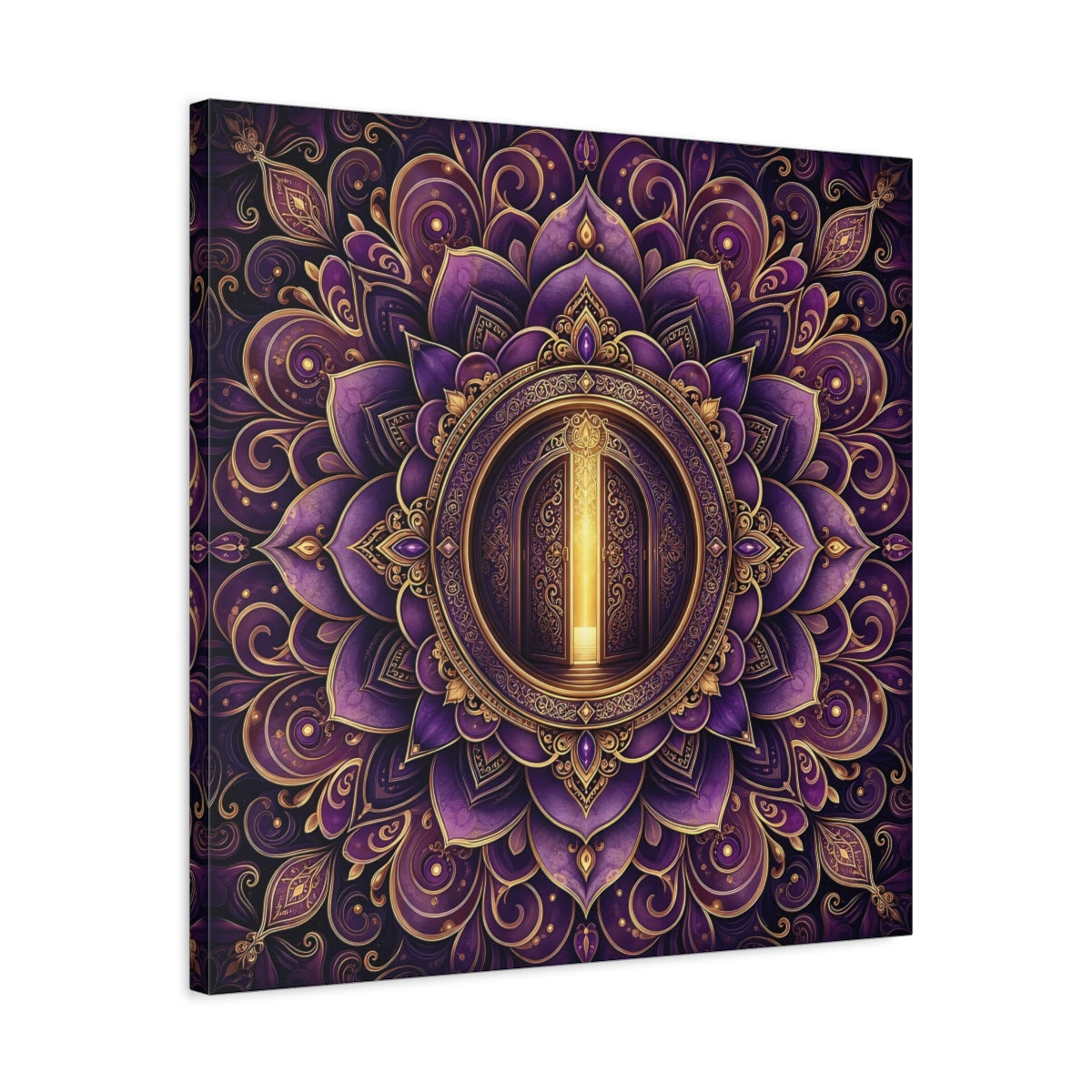 Side Mockup 4. Abstract Mandala Door Purple Gold Mandala shown as canvas print