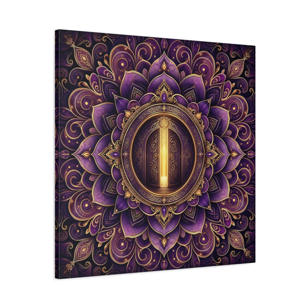 Main Mockup. Abstract Mandala Door Purple Gold Mandala shown as canvas print
