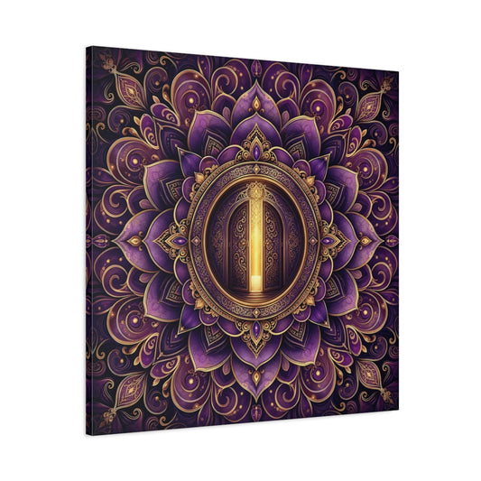 Main Mockup. Abstract Mandala Door Purple Gold Mandala shown as canvas print