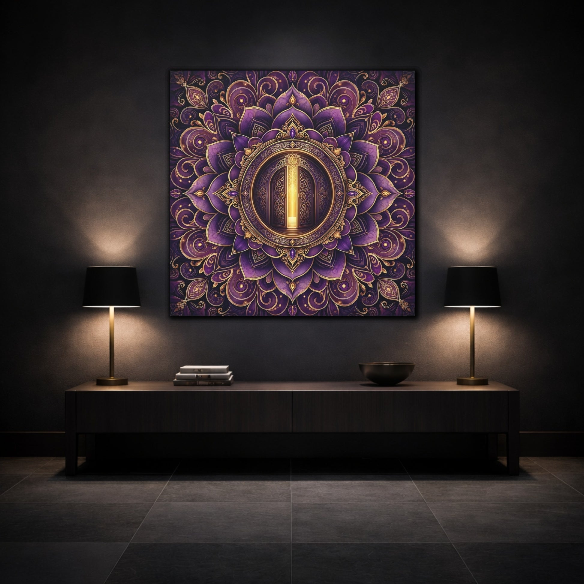 Mockup 3. Abstract Mandala Door Purple Gold Mandala shown as canvas print